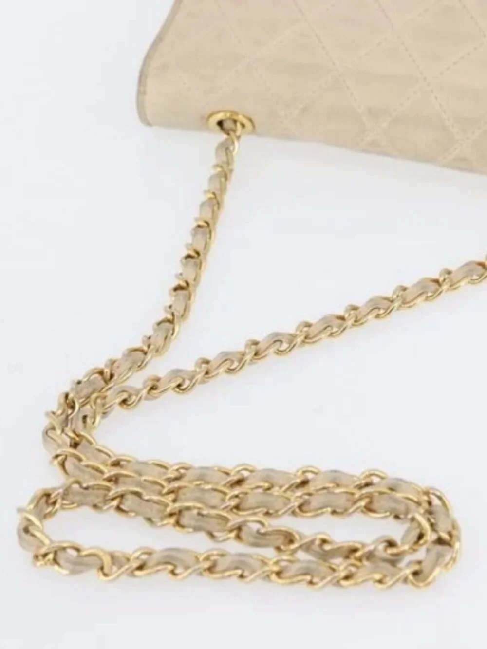 CHANEL Matelasse Chain Shoulder Bag Lamb Skin Beige Gold CC Auth BA10672